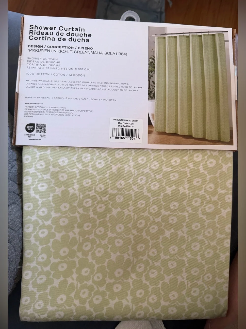 Marimekko Green and White Floral Design Pikkuinen Unikko Shower Curtain